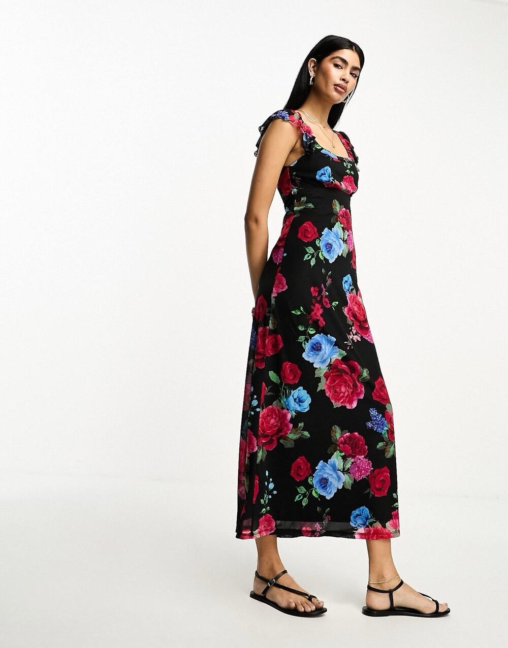 ASOS Design Flutter Sleeve Midi Dress Size 10 Dark Floral Y2K Romantic Feminine